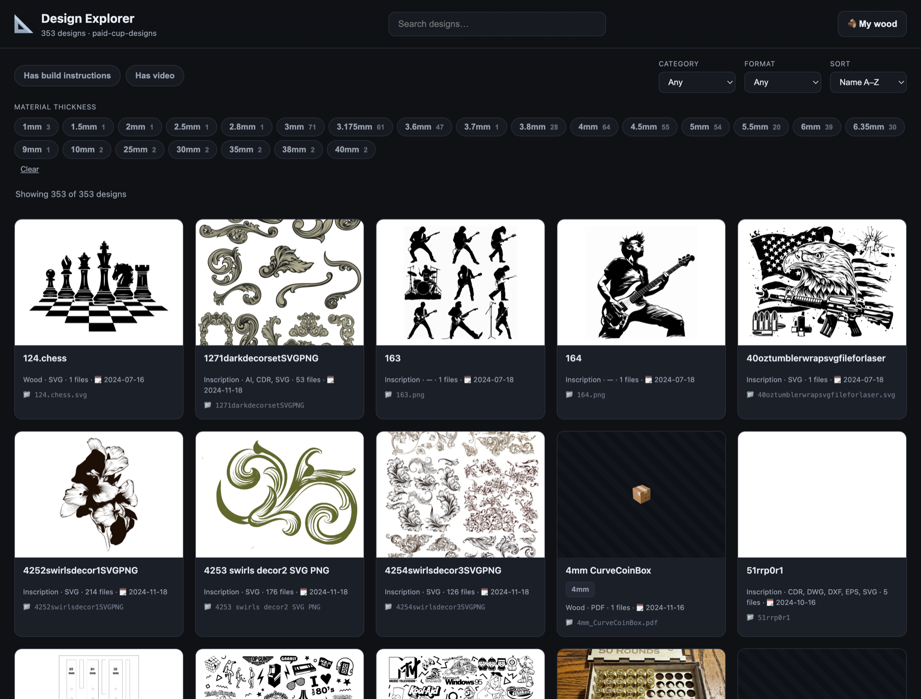 Full collection with filters cleared — 353 designs across Wood, Leather, and Inscription categories