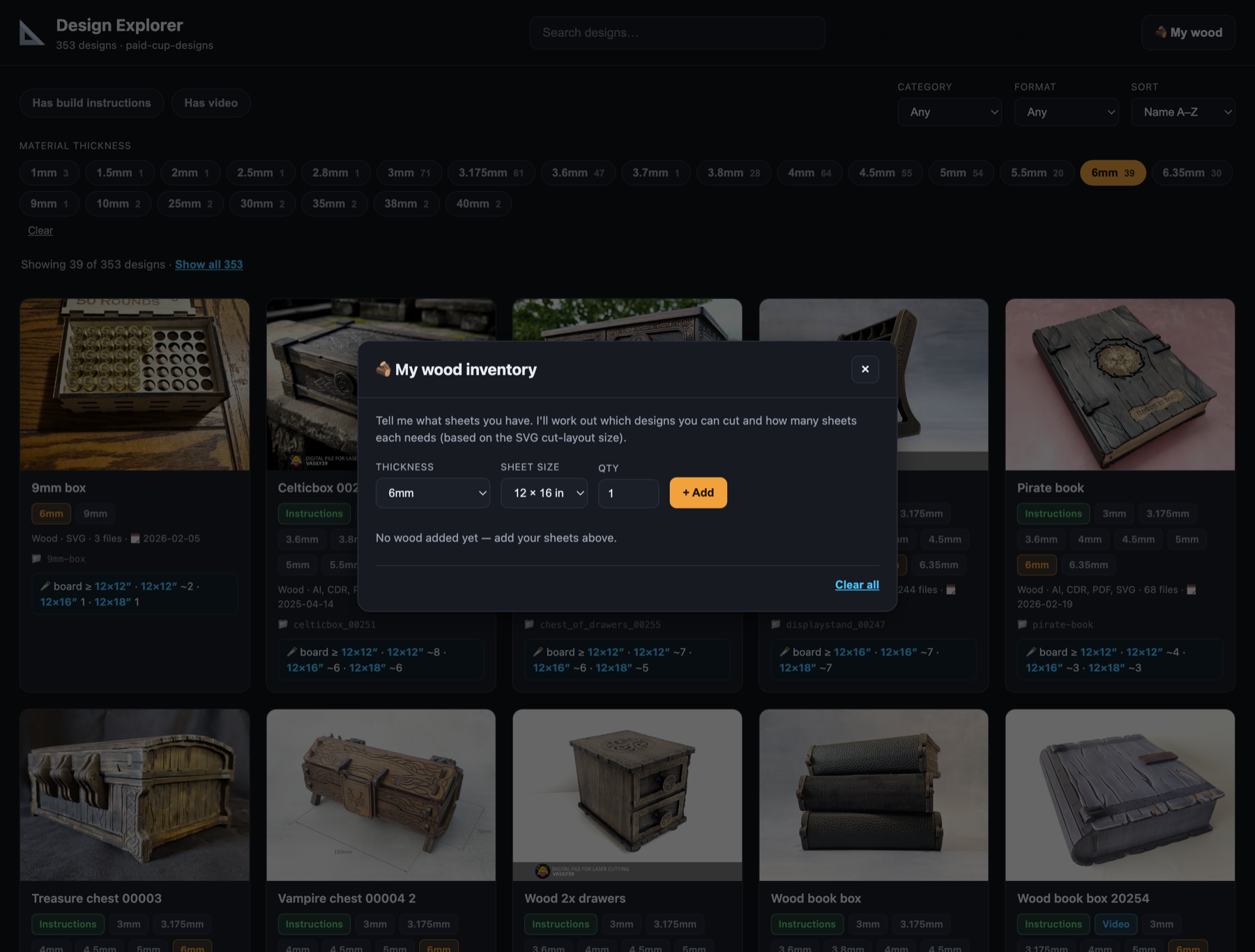 My wood inventory modal — add sheets by thickness, size, and quantity